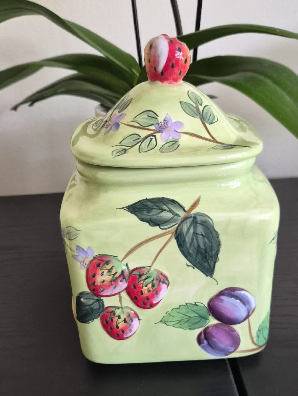 Vintage Hand-Painted Green Fruit Ceramic Canister Set Of 3